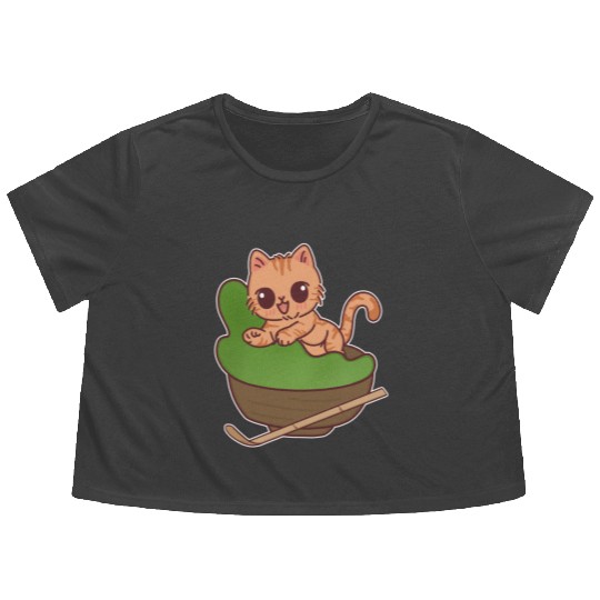 Kawaii Cat in Matcha Tea Bowl Flowy Cropped Tees