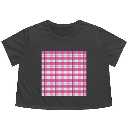 Pink Plaid Pattern for Casual Wear Flowy Cropped Tees