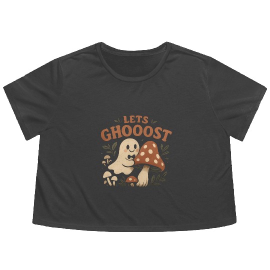 Whimsical Ghost with Mushroom Friends Flowy Cropped Tees