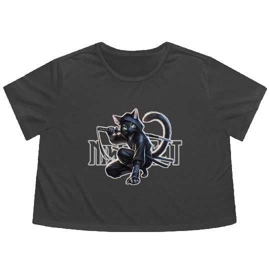 Stealthy Black Cat Ninjutsu Design Flowy Cropped Tees