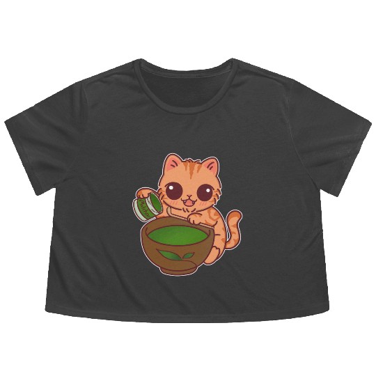Kawaii Cat Barista Making Matcha Tea Flowy Cropped Tees