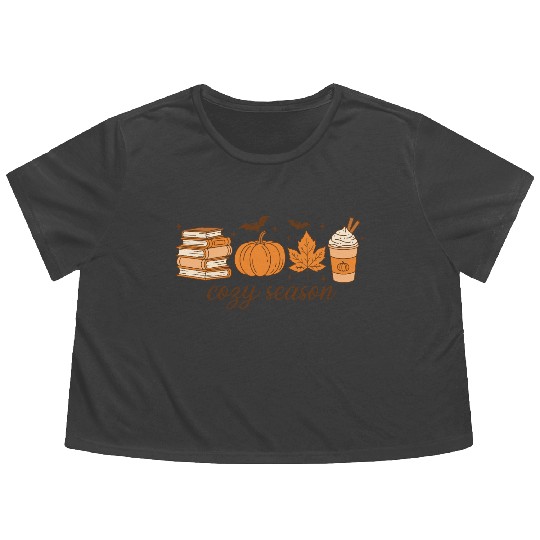 Cozy Season Pumpkin Latte Halloween Books & Leaves Flowy Cropped Tees