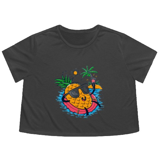 Tropical Pineapple Relaxing on Float Flowy Cropped Tees