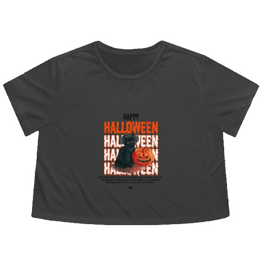 Cute Black Cat and Pumpkin Halloween Design Flowy Cropped Tees