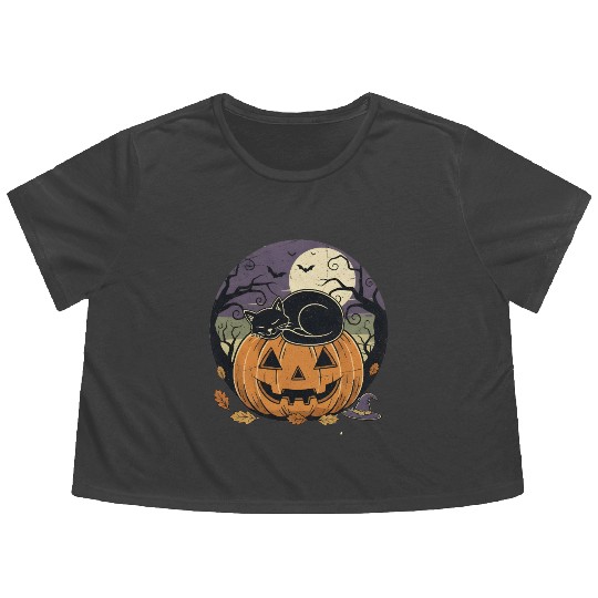 Spooky Cat Nap Pumpkin | Halloween Party Design Flowy Cropped Tees