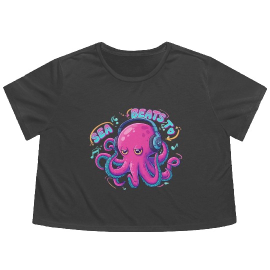 Music Loving Octopus in Vibrant Neon Style Flowy Cropped Tees