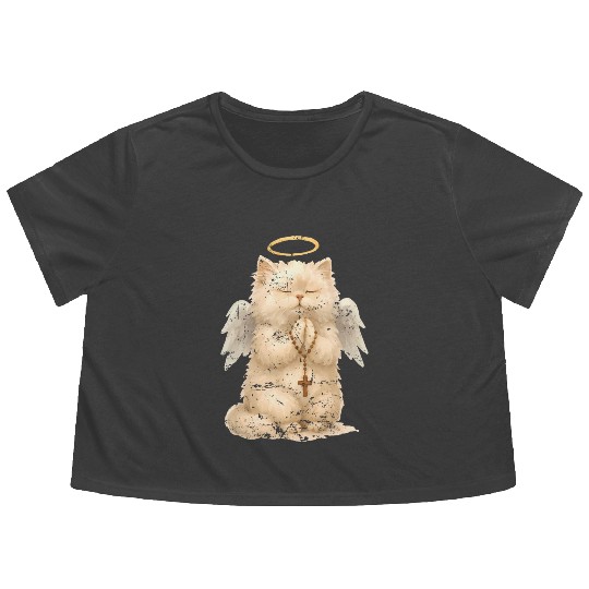 Heavenly Praying Cat with Angel Wings Flowy Cropped Tees