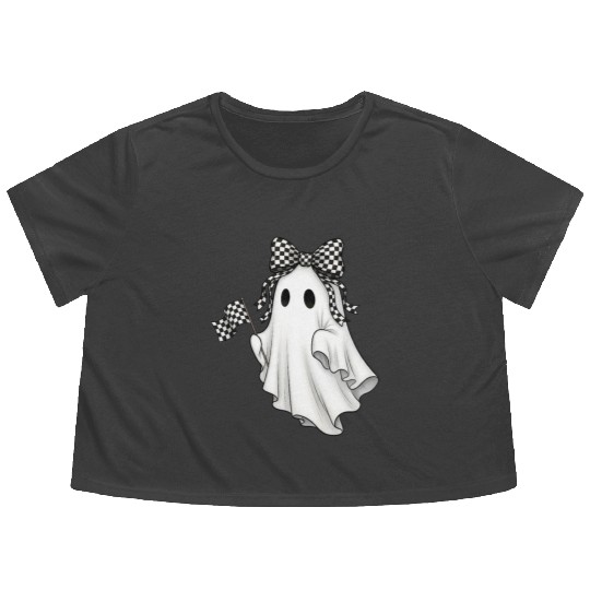 Ghost Boo Checkered Bow Race Day Racing Flag Racer Flowy Cropped Tees