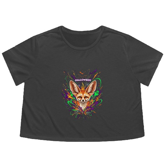 Halloween Fox with Psychedelic Fireworks Flowy Cropped Tees