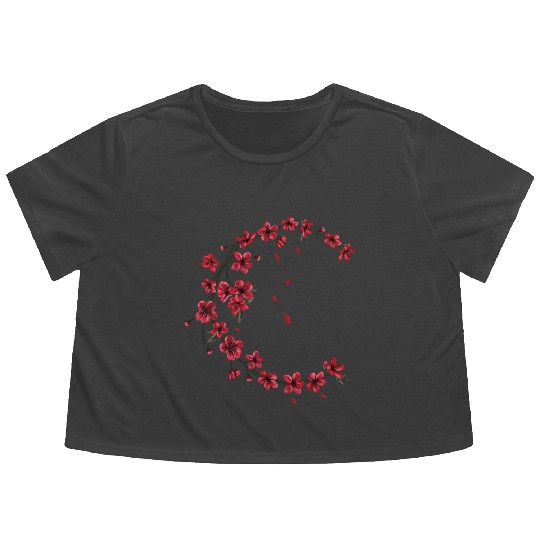 Red Moon Cherry Blossom Sakura Flower Design Flowy Cropped Tees