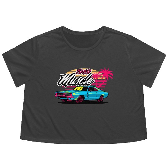 Retro 1969 Muscle Car Sunset Design Flowy Cropped Tees