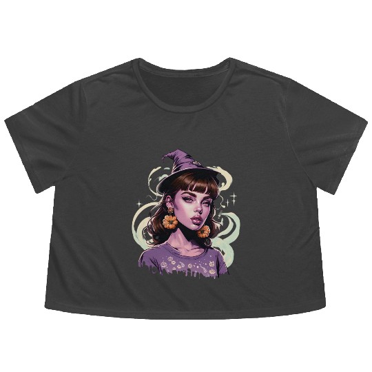 Enchanting Witch Portrait Design Flowy Cropped Tees