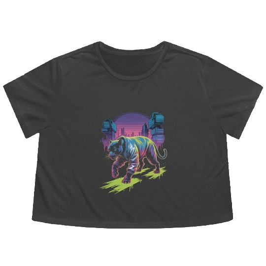 Cyber Panther Night Stride Synthwave Streetwear Flowy Cropped Tees