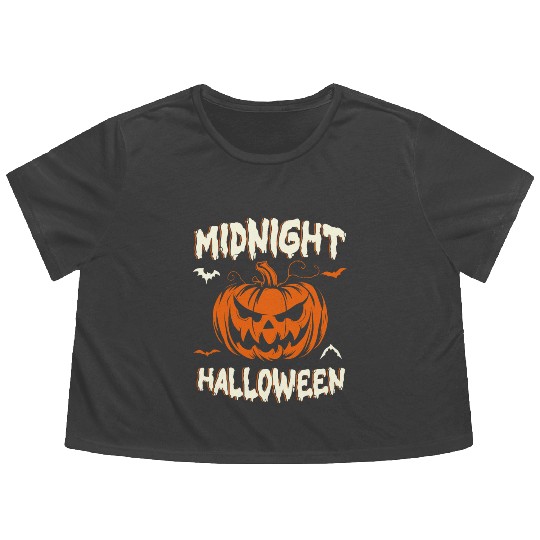 Midnight Halloween Pumpkin Scary Jack-O-Lantern Flowy Cropped Tees