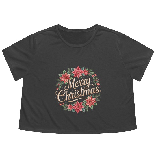 Elegant Poinsettia Wreath Merry Christmas Script Flowy Cropped Tees