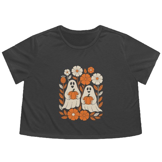 Floral Halloween Vintage Ghost Flower Pumpkin Flowy Cropped Tees