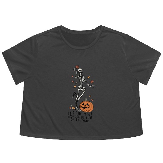 Halloween Skeleton Pumpkin Fall Autumn Spooky Gift Flowy Cropped Tees