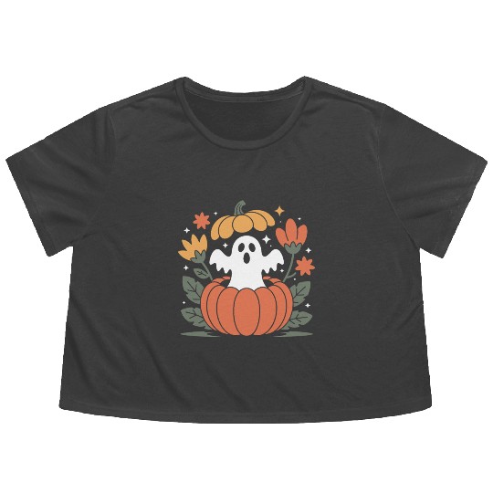 Floral Halloween Vintage Ghost Flower Pumpkin Flowy Cropped Tees