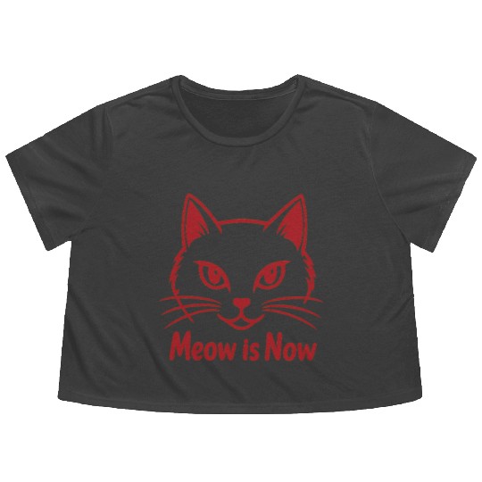 Elegant Cat Face with Bold Red Lines - Meow Is Now Flowy Cropped Tees