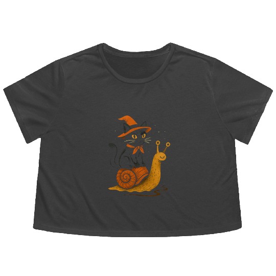 Halloween Cat with Snail and Wizard Hat Flowy Cropped Tees