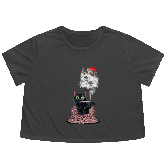 Black Cat Smoking Cigarette Catzilla Flowy Cropped Tees