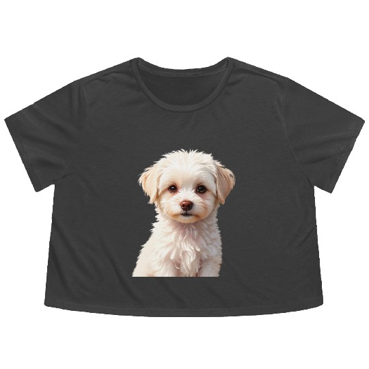 Adorable White Puppy Portrait Design Flowy Cropped Tees