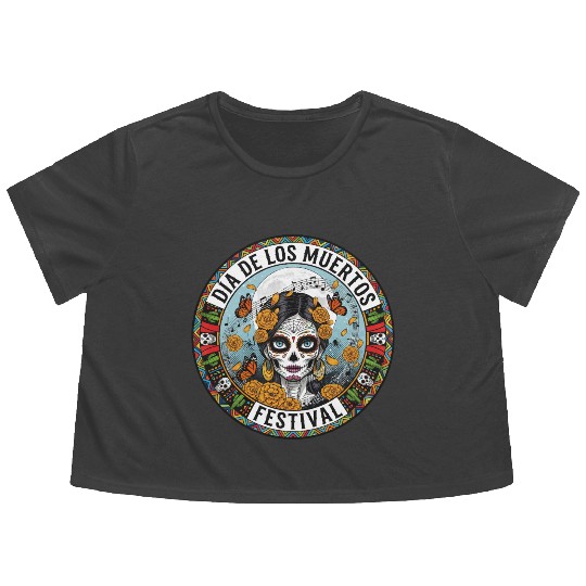 Vibrant Día de los Muertos Skull Flowy Cropped Tees