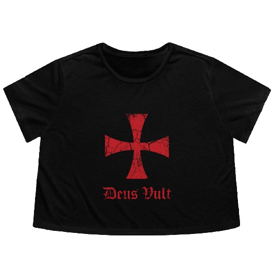 Distressed Deus Vult Knights Templar Cross Crusade Flowy Cropped Tees