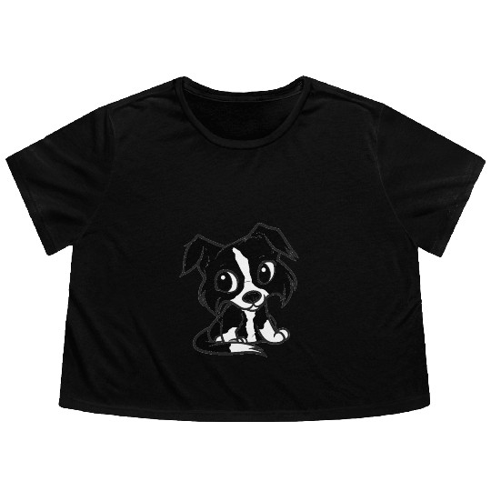 border collie bw cartoon Flowy Cropped Tees