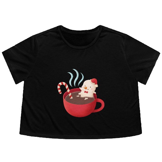 Cute Snowman in Hot Cocoa Flowy Cropped Tees