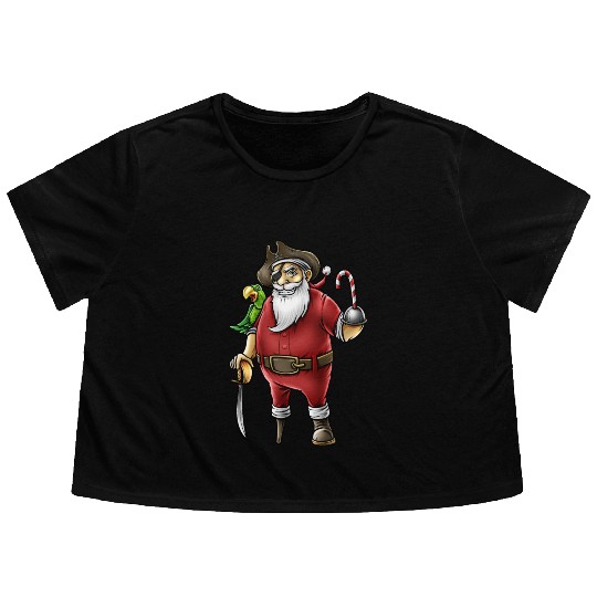 Santa Pirate Funny Christmas Candy Cane Hook Hand Flowy Cropped Tees