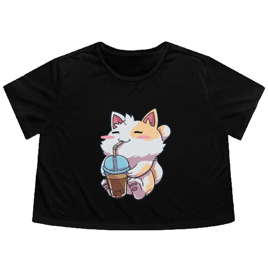 Cat Bubble Tea Anime Flowy Cropped Tees