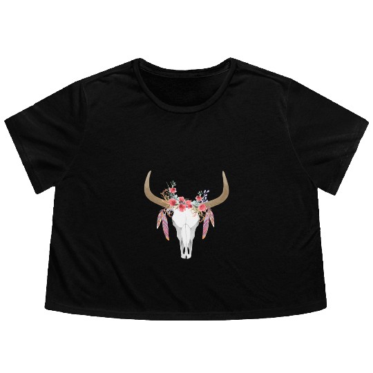 Floral Cow Skull With Feathers Bull Skull Flowy Cropped Tees