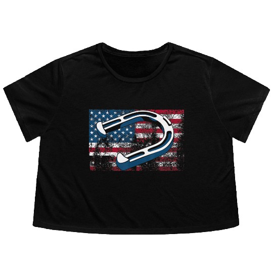 Cool Horseshoe Pitching USA Flag Funny US Pitcher Flowy Cropped Tees