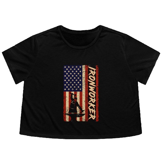 US Flag Ironworker Independence labor Day Flowy Cropped Tees