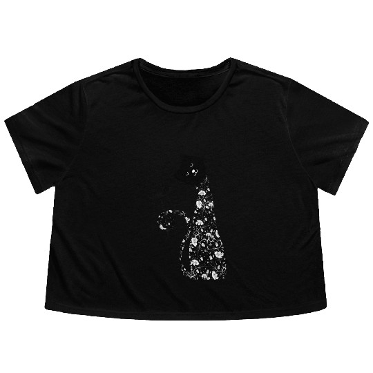 Black cat with flower Flowy Cropped Tees