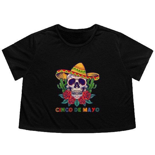 Cinco De Mayo Mexican Cross Sunglasses Skull Musta Flowy Cropped Tees