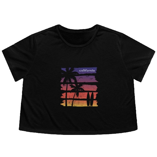 Cool California Surfing Fan Beach Palm Tree Flowy Cropped Tees