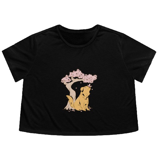 Dog With Sakura Tree Flowy Cropped Tees