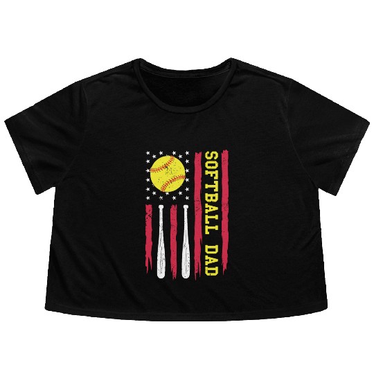 Softball Dad Vintage American Flag Flowy Cropped Tees