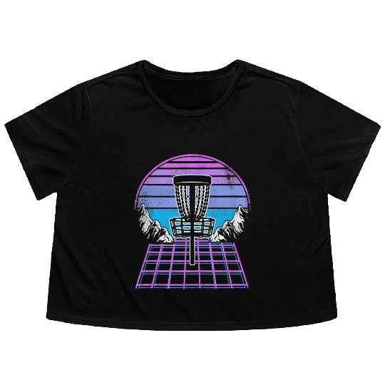 Disc Golf Basket 90s Synthwave Sunset Retrowave Flowy Cropped Tees