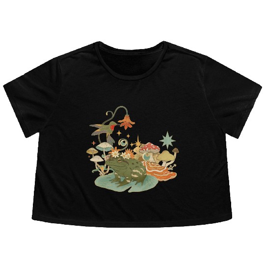 Cottagecore with frog, mushrooms and hummingbird Flowy Cropped Tees