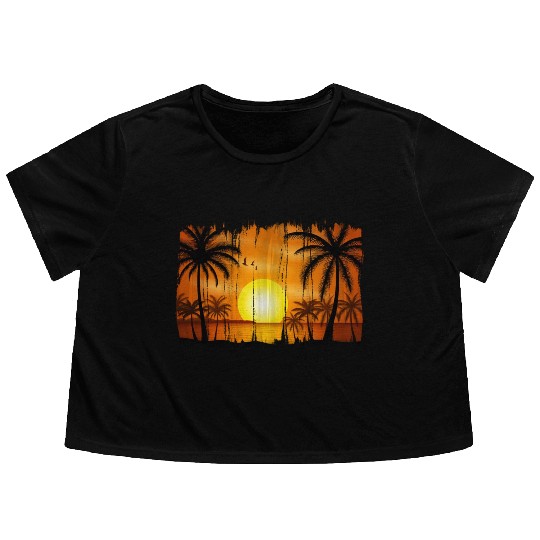 Retro Sunrise, Beach, Palm Trees, Vacation Flowy Cropped Tees