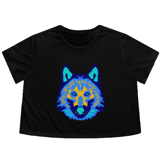 blue wolf face Flowy Cropped Tees