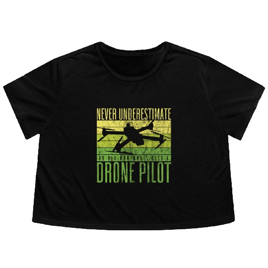 Never Underestimate An Old Man Drone Pilot Quadco Flowy Cropped Tees