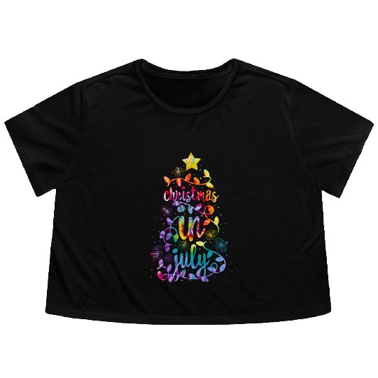 Christmas In July Colorful Xmas Tree Lights Flowy Cropped Tees