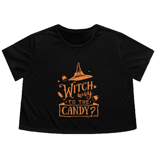 Witch Way To The Candy Hat Halloween Holiday Flowy Cropped Tees