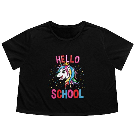 Cute Unicorn Hello School Back To School Flowy Cropped Tees