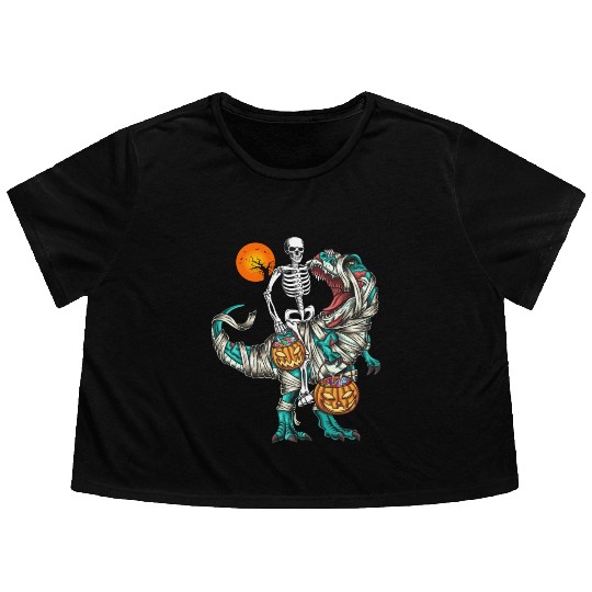 Halloween Skeleton Riding Mummy Dinosaur Pumpkin Flowy Cropped Tees