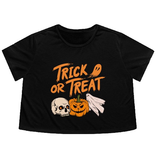 Halloween scary pumpkin head, skull and ghost Flowy Cropped Tees
